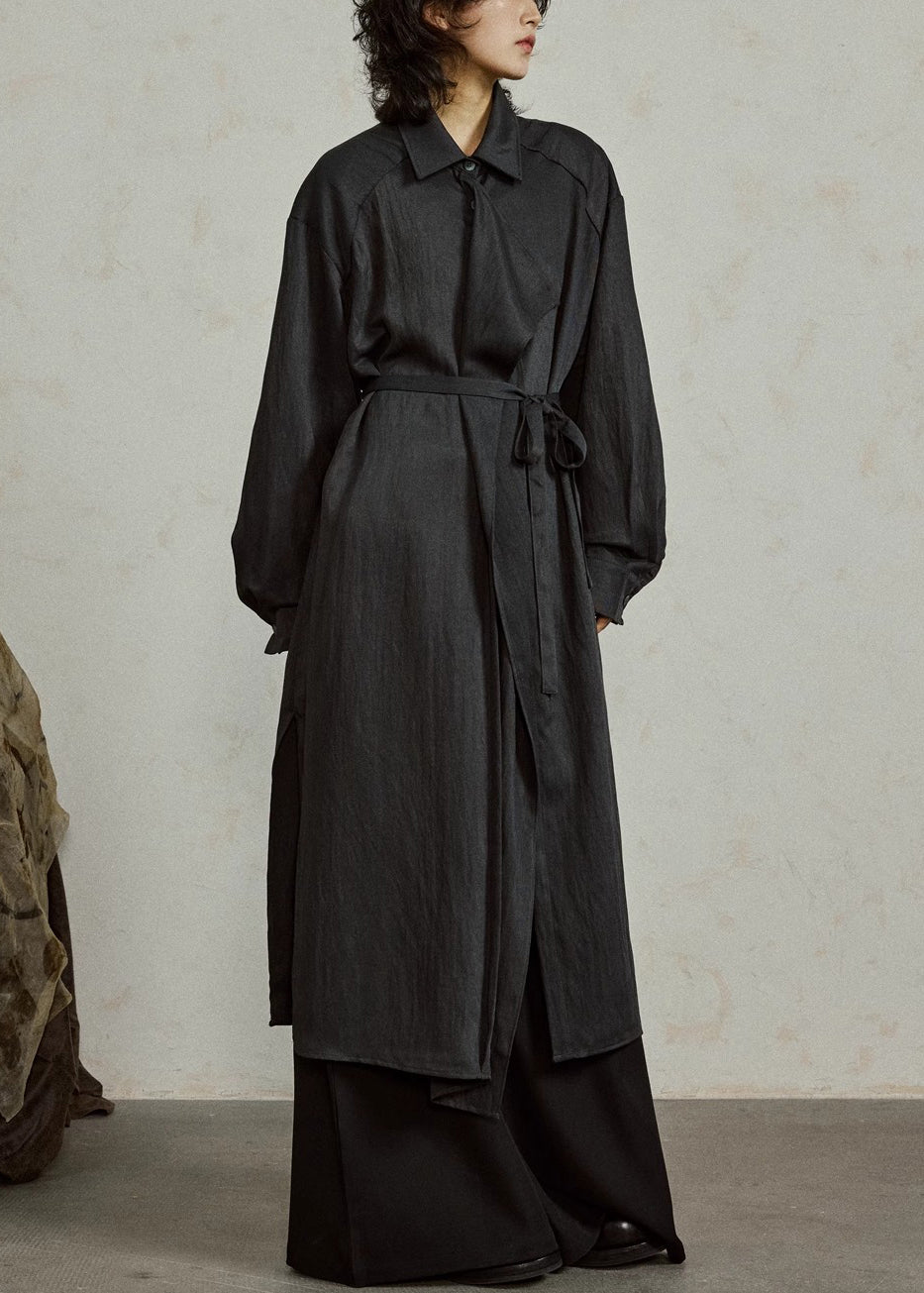 Loose Black Ruffled Tie Waist Cotton Shirts Coat Fall