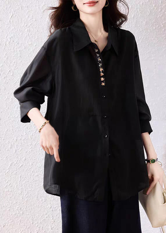 Loose Black Sequins Button Side Open Cotton Shirt Fall