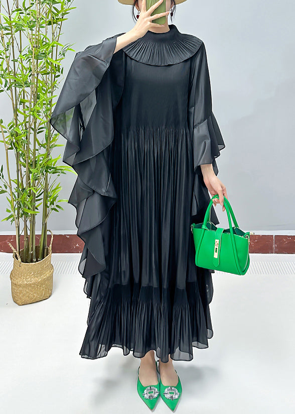 Loose Black Solid Ruffled Cotton Dresses Butterfly Sleeve