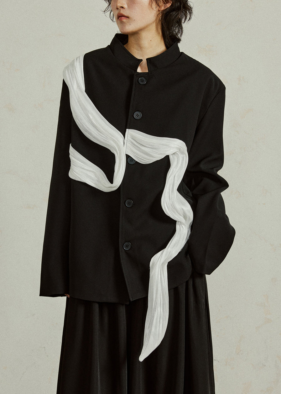 Loose Black Stand Collar Button Patchwork Spandex Coat Fall