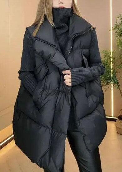 Loose Black Stand Collar Oversized Fine Cotton Filled Vest Winter