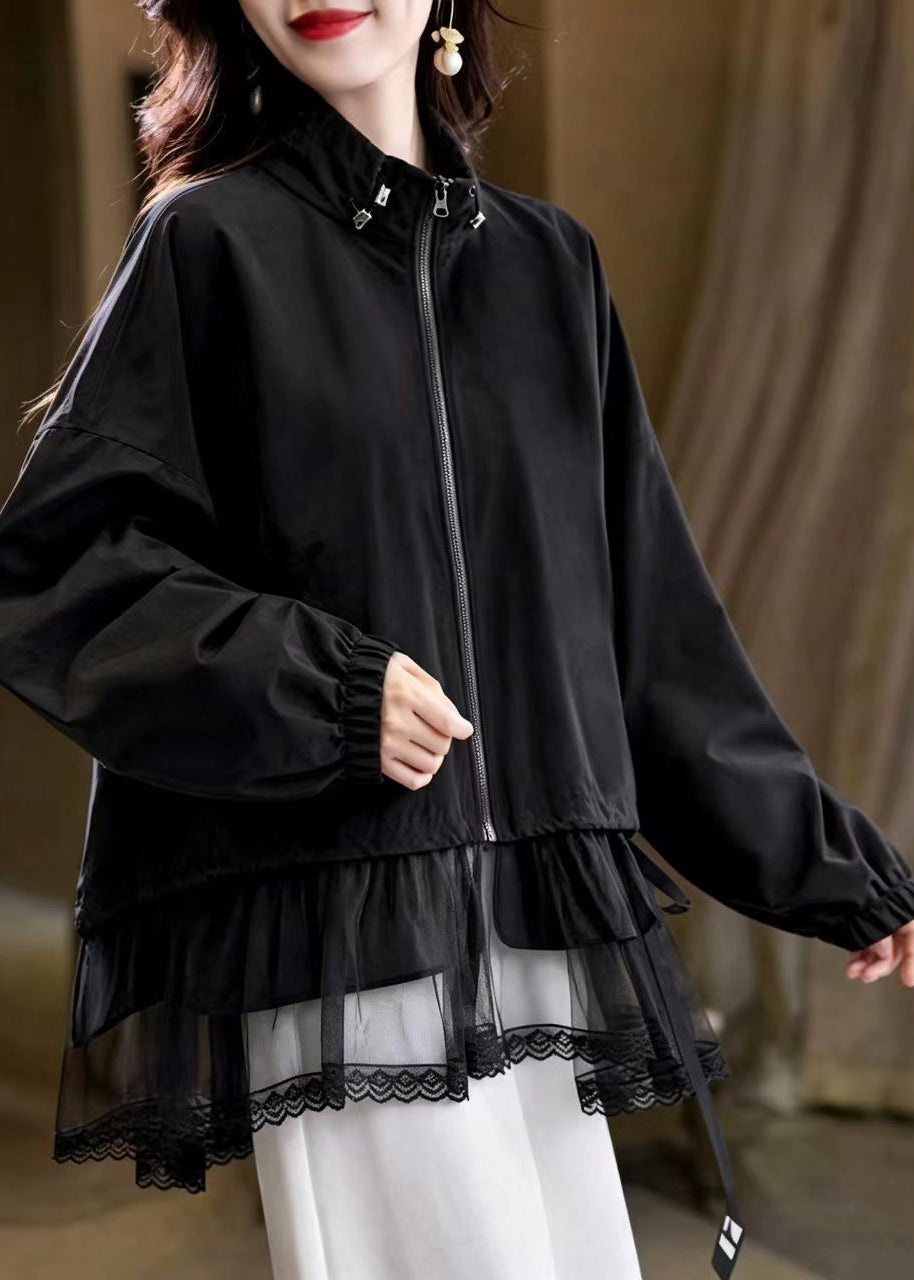 Loose Black Stand Collar Patchwork Tulle Jacket Fall