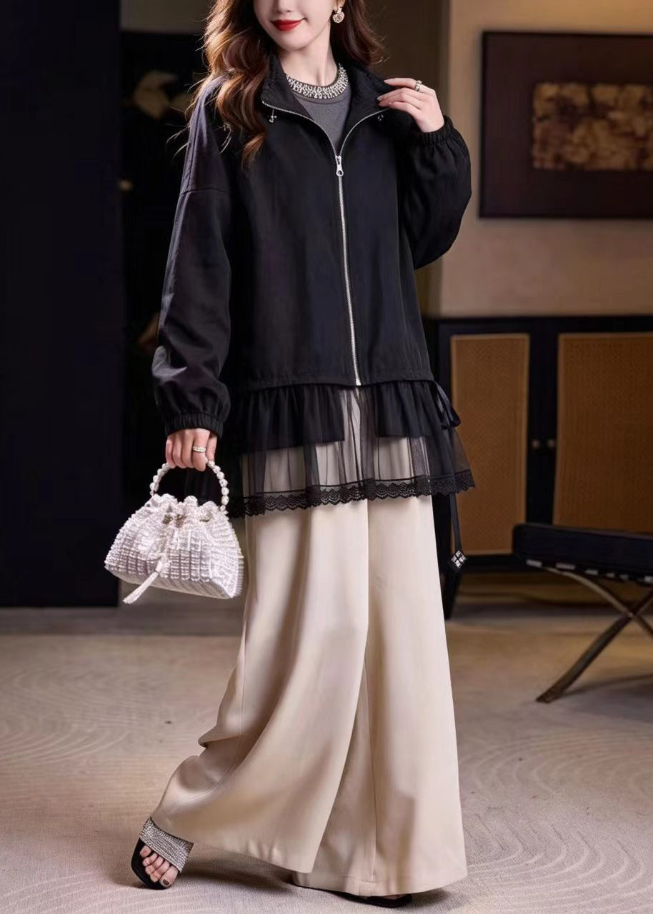 Loose Black Stand Collar Patchwork Tulle Jacket Fall