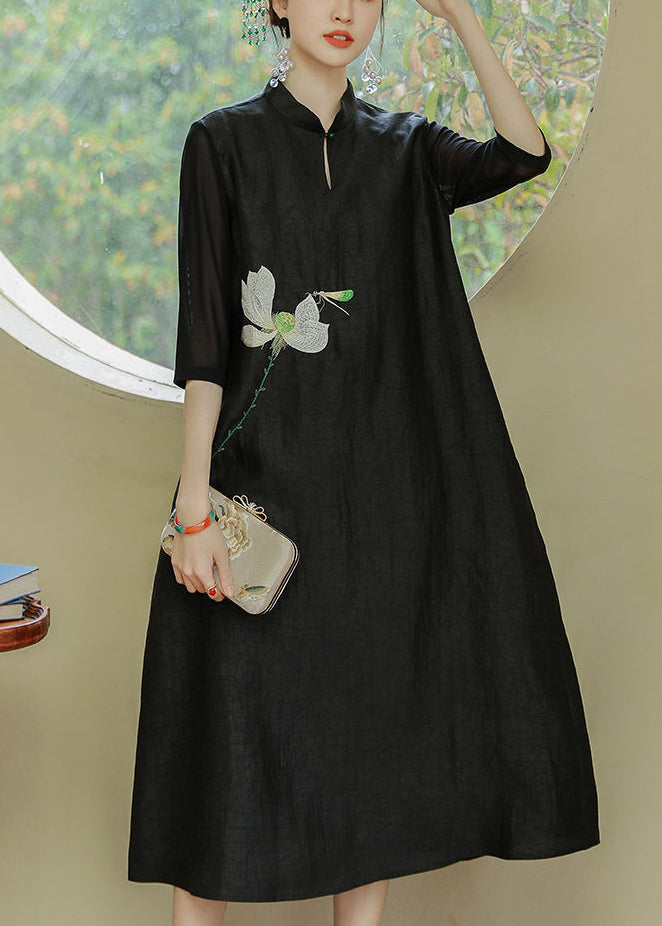 Loose Black Stand Collar Print Pockets Silk Dress Half Sleeve