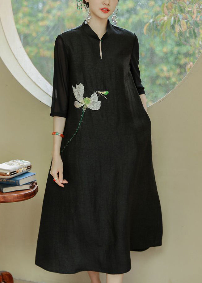 Loose Black Stand Collar Print Pockets Silk Dress Half Sleeve
