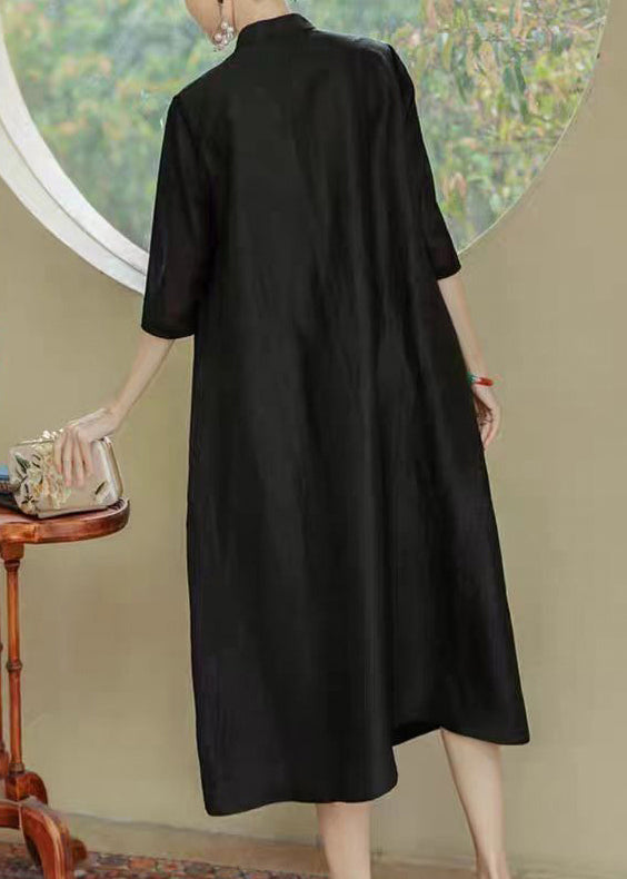 Loose Black Stand Collar Print Pockets Silk Dress Half Sleeve