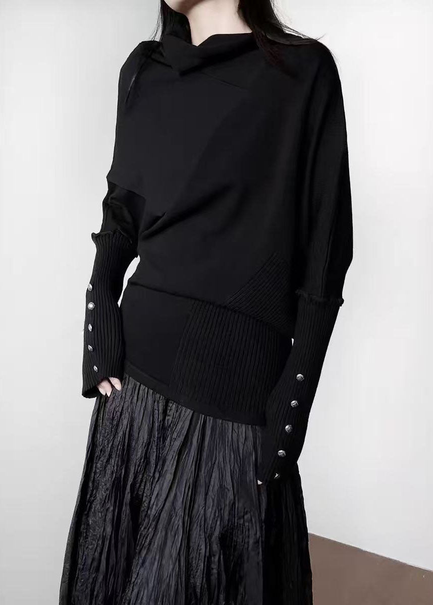 Loose Black Turtle Neck Asymmetrical Design Knit Short Sweater Winter