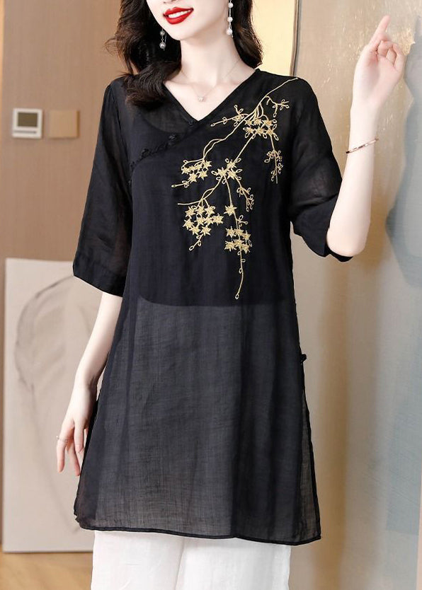 Loose Black V Neck Embroidered Cotton T Shirts Summer