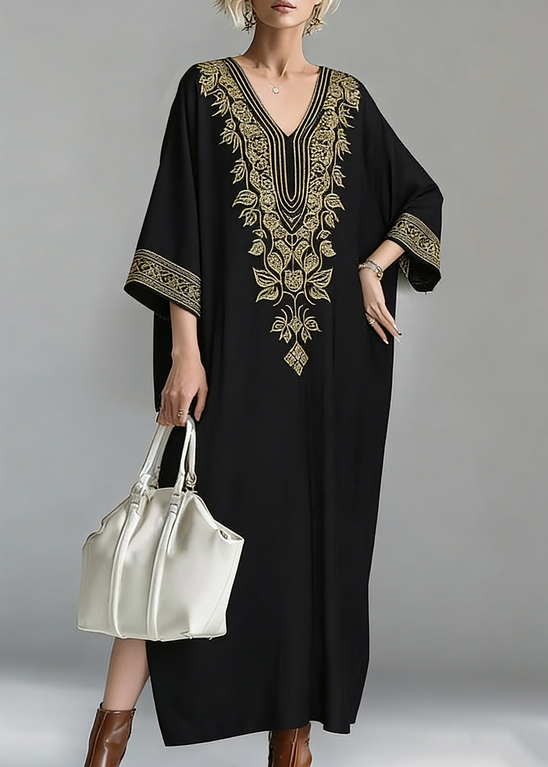 Loose Black V Neck Embroidered Maxi Dress Spring