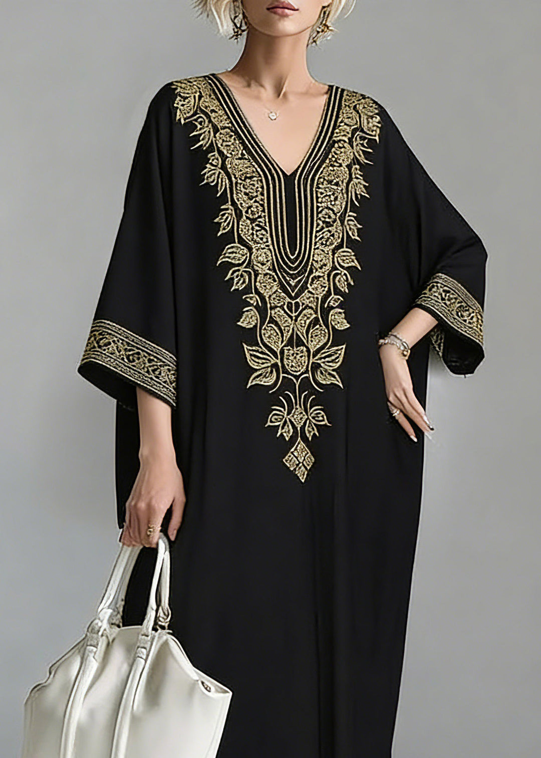 Loose Black V Neck Embroidered Maxi Dress Spring