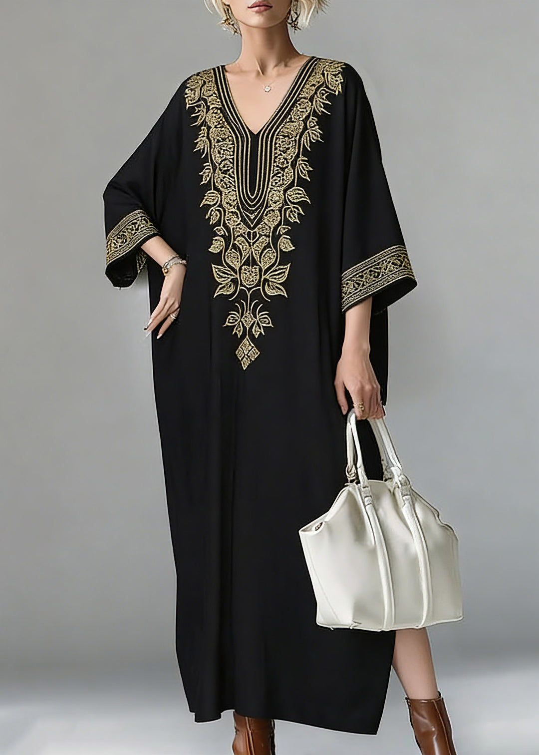 Loose Black V Neck Embroidered Maxi Dress Spring
