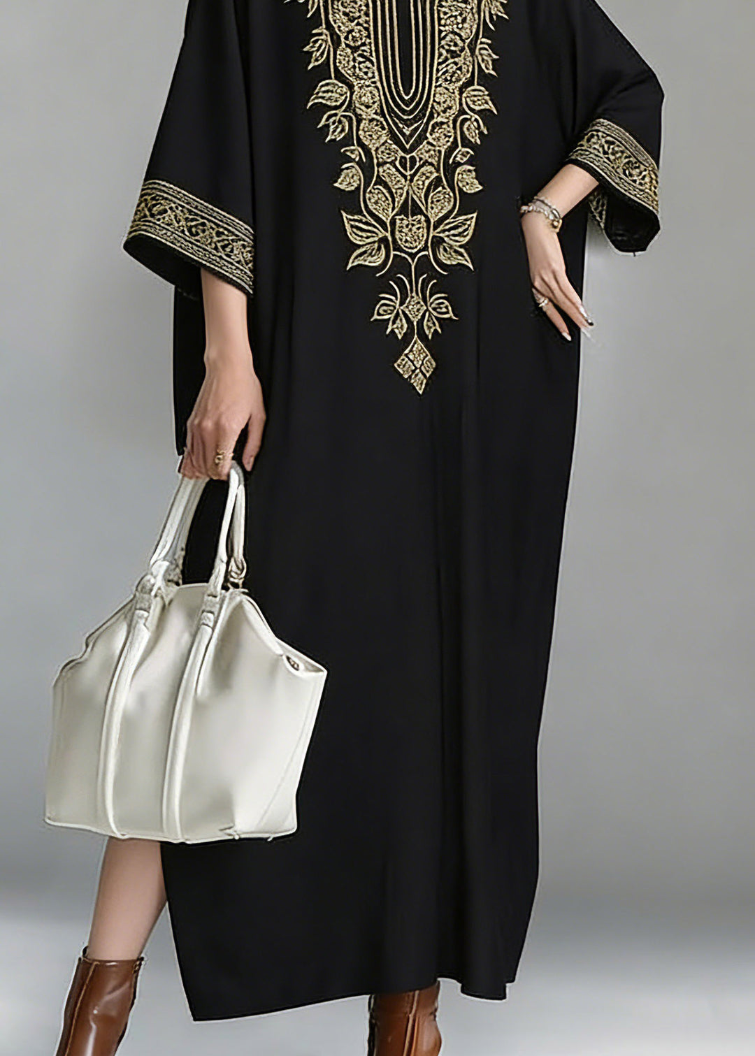 Loose Black V Neck Embroidered Maxi Dress Spring