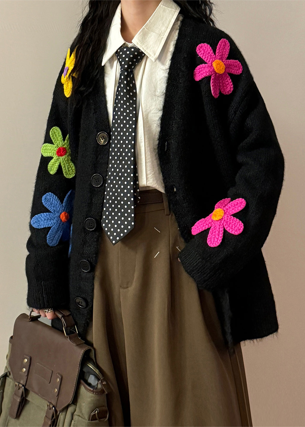 Loose Black V Neck Floral Button Knit Coats Spring