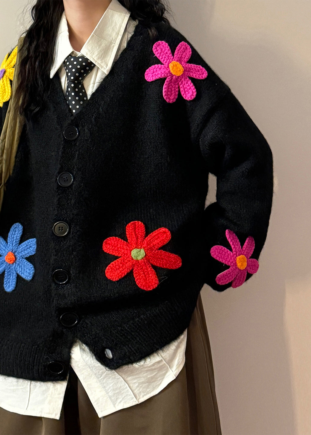 Loose Black V Neck Floral Button Knit Coats Spring