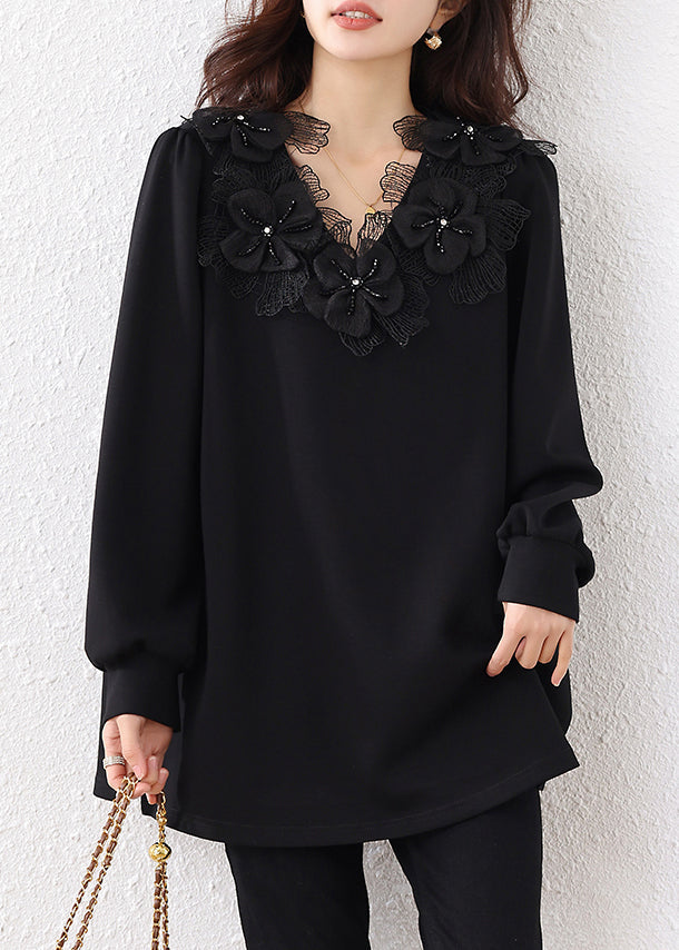 Loose Black V Neck Floral Nail Bead Cotton Sweatshirts Fall
