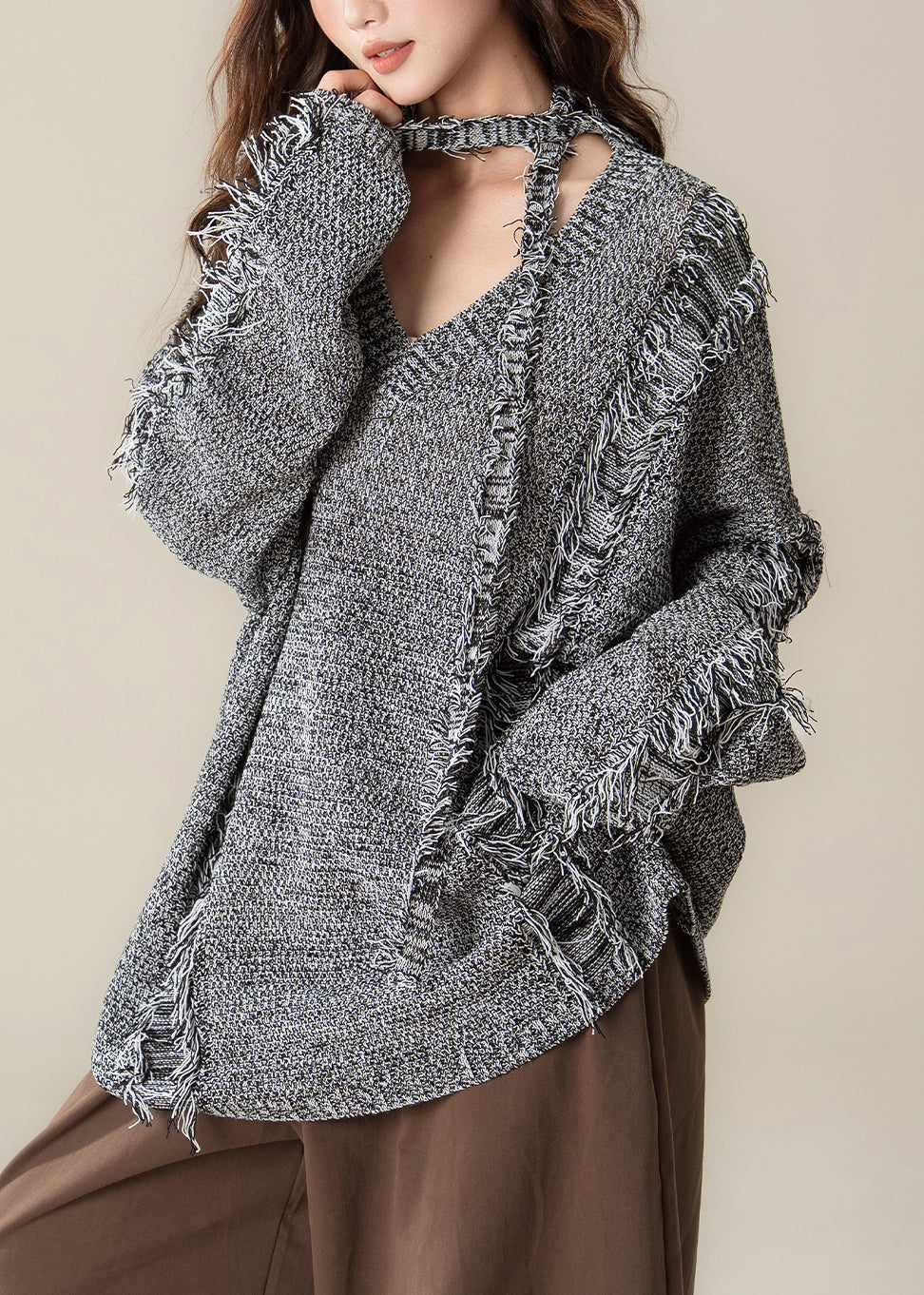 Loose Black V Neck Hole Cozy Knit Sweater Spring