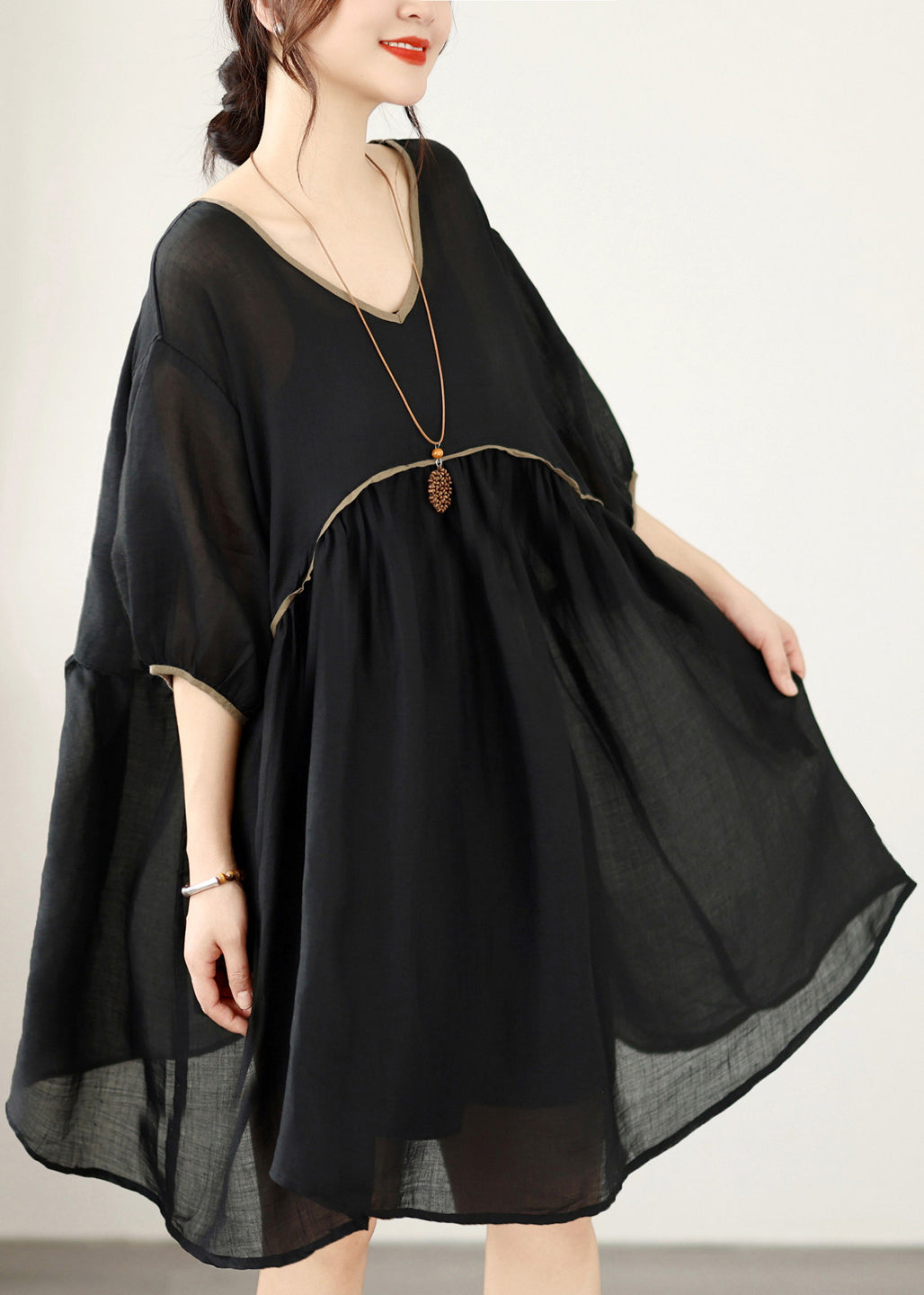 Loose Black V Neck Patchwork Cotton Mid Dresses Summer
