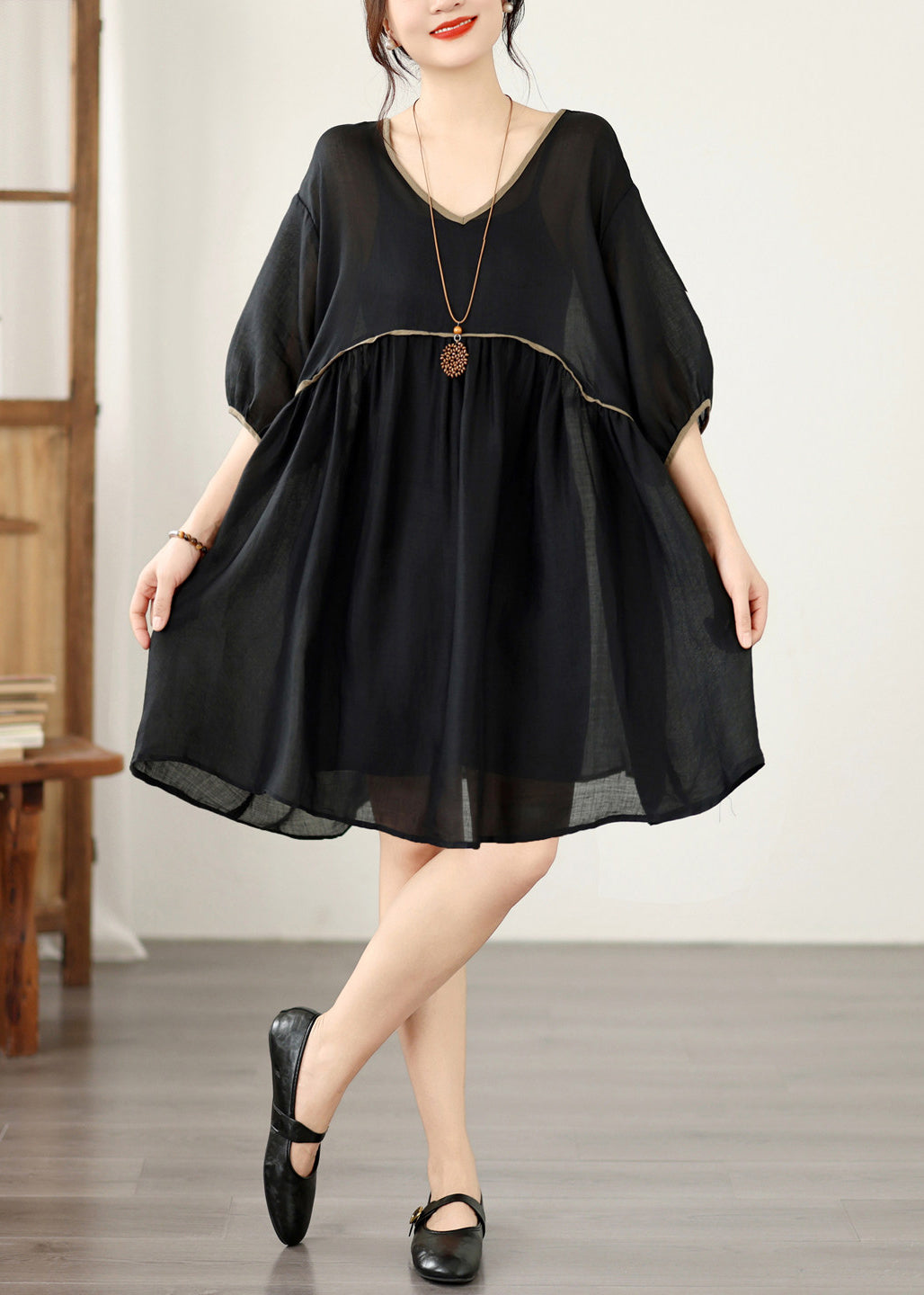 Loose Black V Neck Patchwork Cotton Mid Dresses Summer