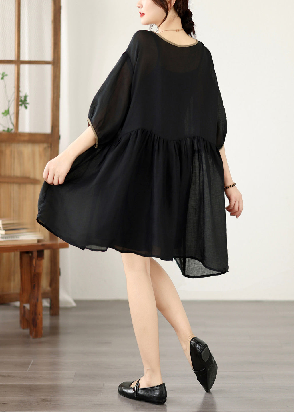 Loose Black V Neck Patchwork Cotton Mid Dresses Summer