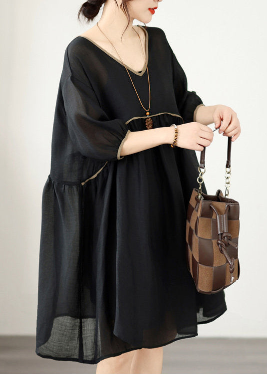 Loose Black V Neck Patchwork Cotton Mid Dresses Summer