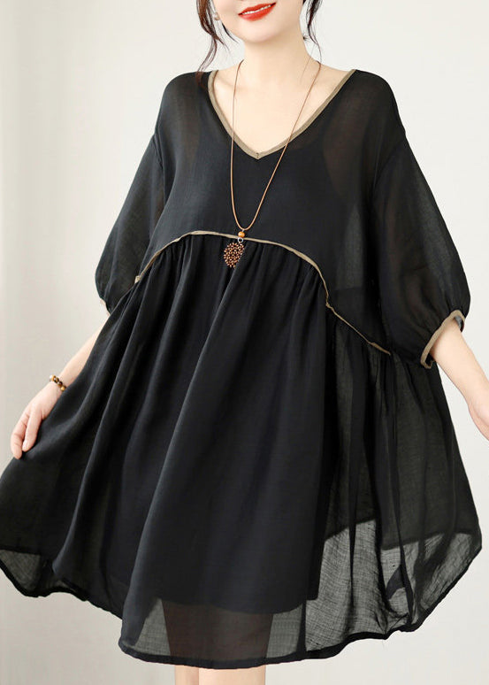 Loose Black V Neck Patchwork Cotton Mid Dresses Summer