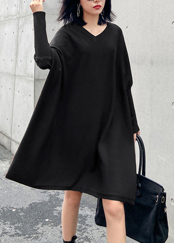 Loose Black V Neck Patchwork Knit Dress Batwing Sleeve