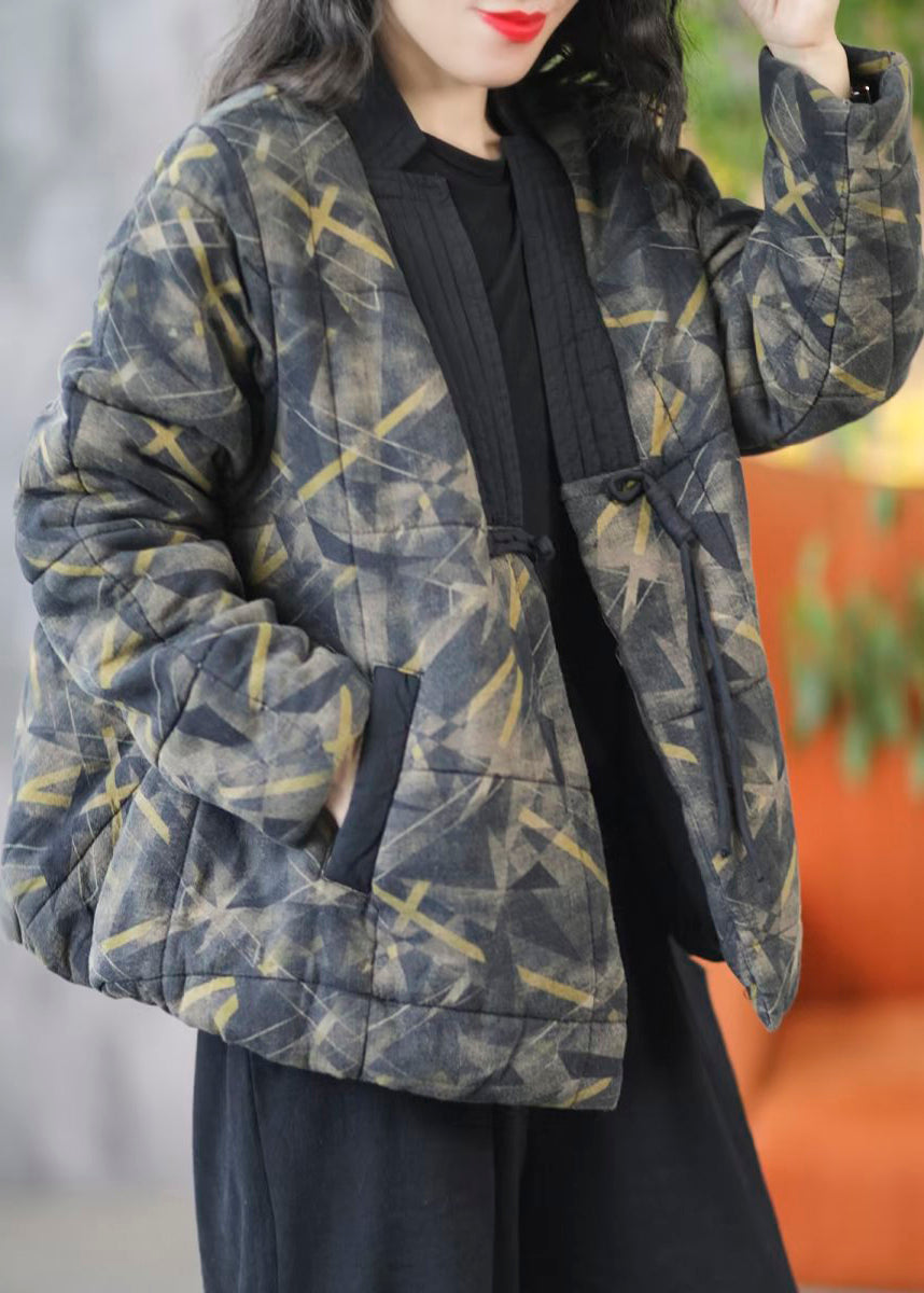 Loose Black V Neck Pockets Patchwork Fine Cotton Coat Spring