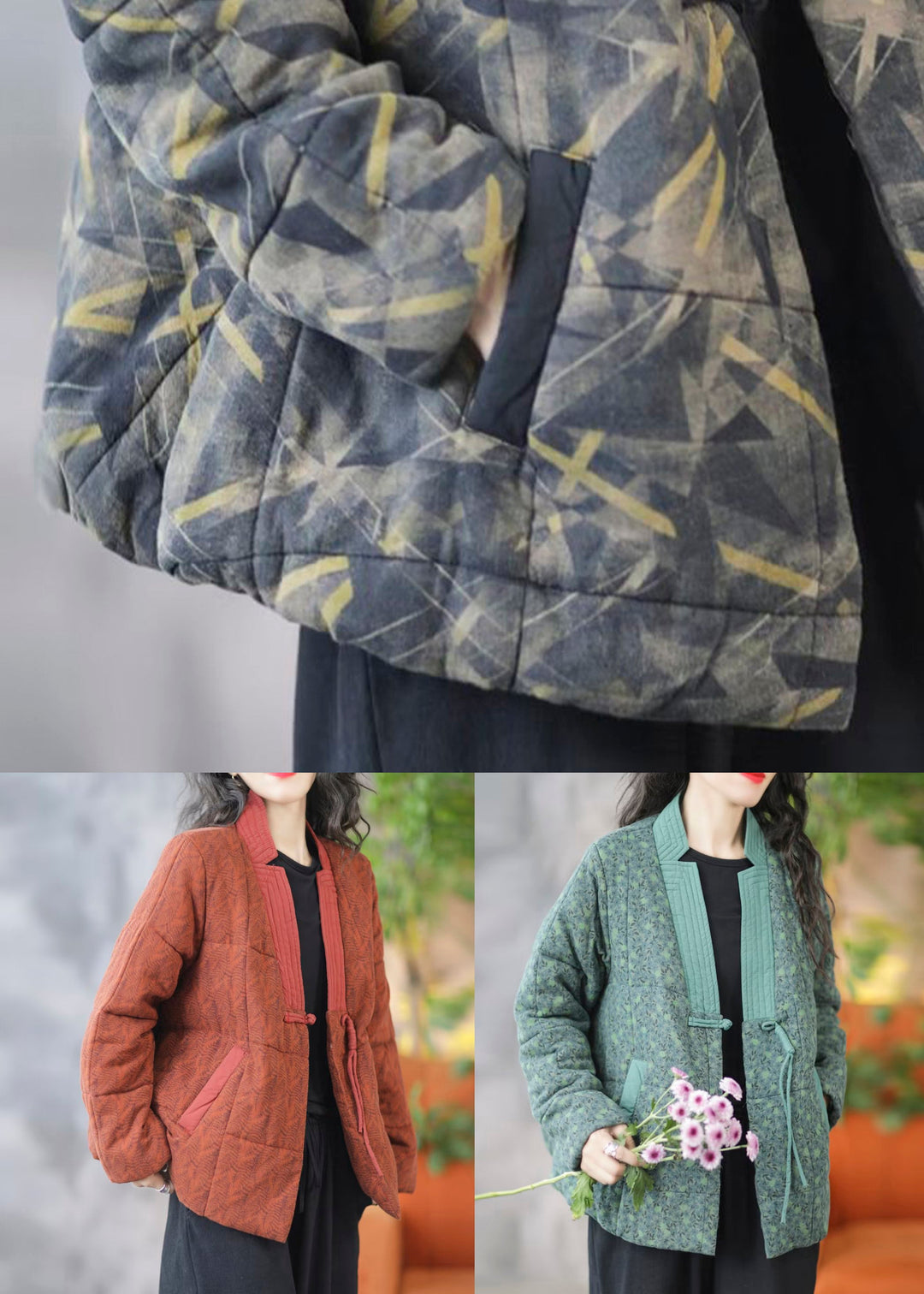 Loose Black V Neck Pockets Patchwork Fine Cotton Coat Spring