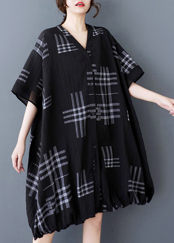 Loose Black V Neck Print Button Patchwork Cotton Dresses Summer