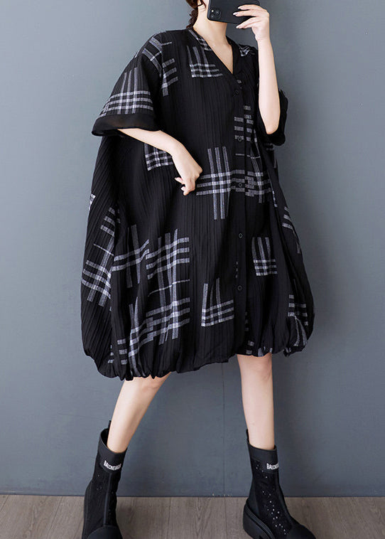 Loose Black V Neck Print Button Patchwork Cotton Dresses Summer