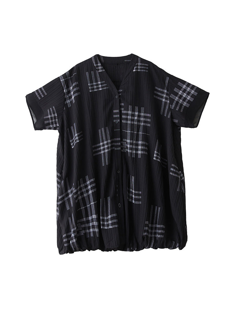 Loose Black V Neck Print Button Patchwork Cotton Dresses Summer