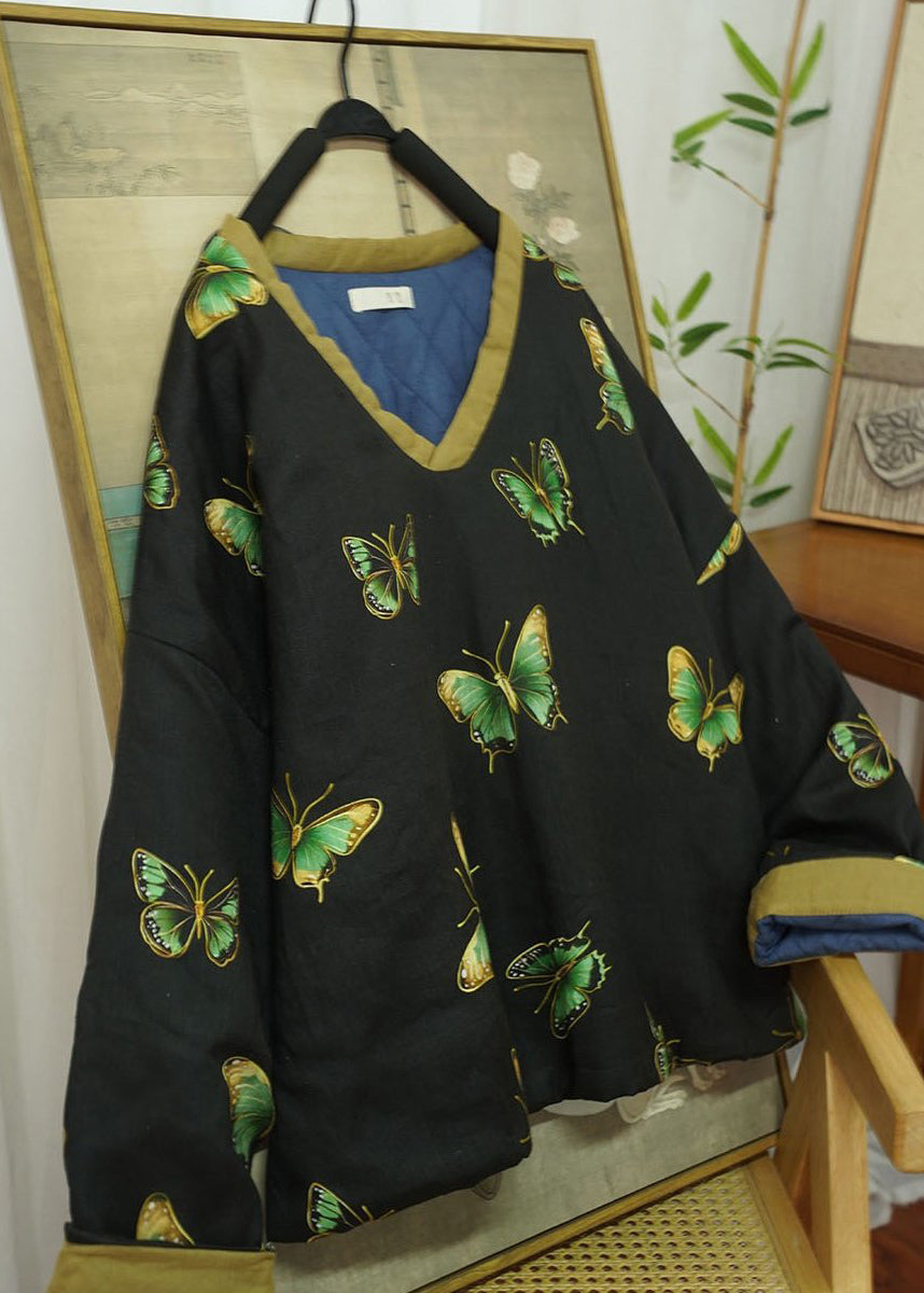 Loose Black V Neck Print Fine Cotton Filled Thick Warm Top Winter