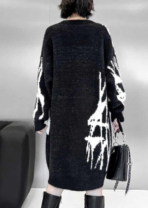 Loose Black V Neck Striped Cotton Knit Sweater Dress Fall