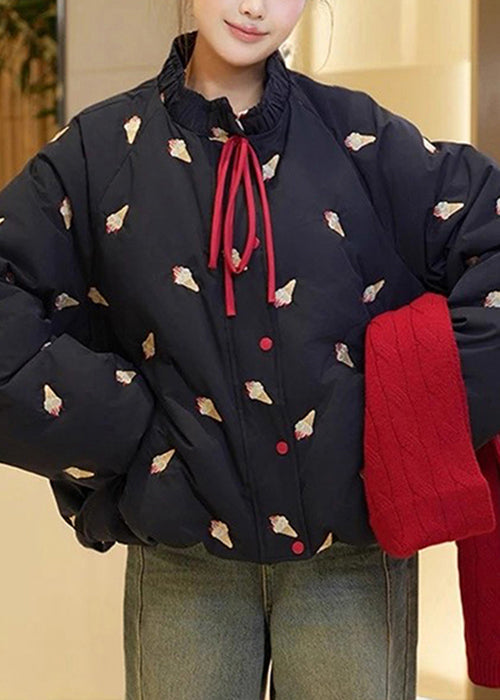 Loose Black Wrinkled Print Duck Down Puffer Coat Winter