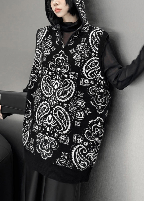 Loose Black Zippered Print Cotton Knit Hooded Waistcoat Winter