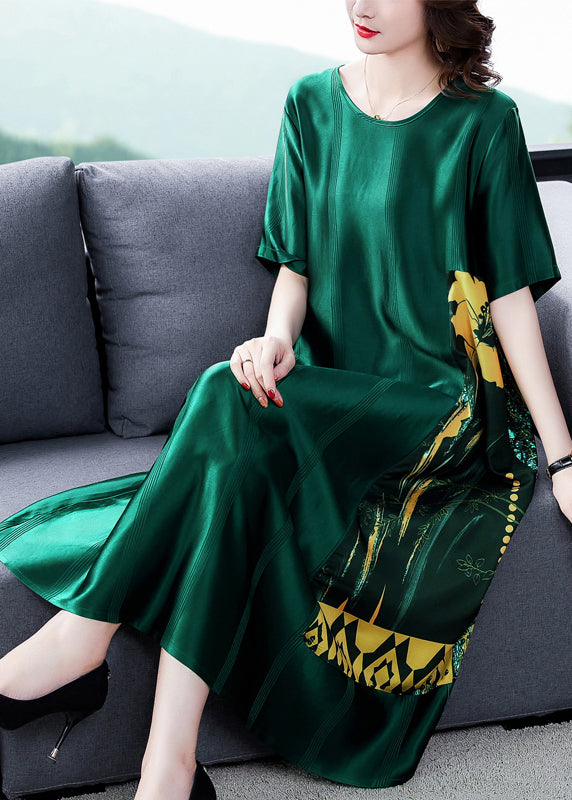 Loose Blackish Green O Neck Print Silk Long Dress Summer