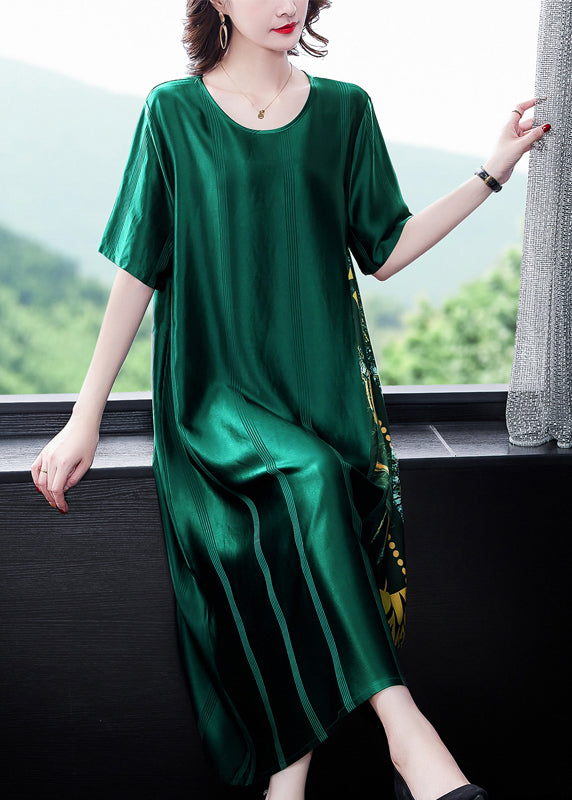 Loose Blackish Green O Neck Print Silk Long Dress Summer