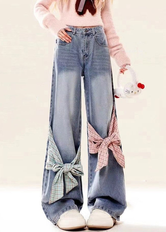 Loose Blue Bow Pockets High Waist Denim Pants Spring