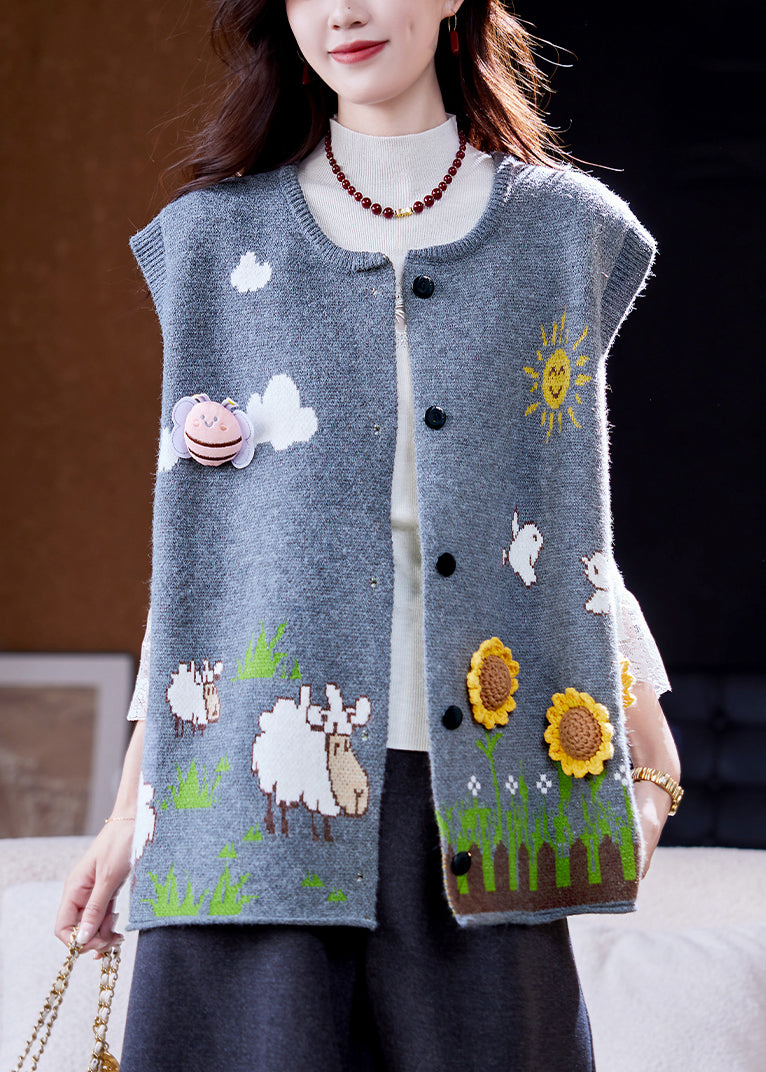 Loose Blue Button Jacquard Sunflower Knit Vest Sleeveless