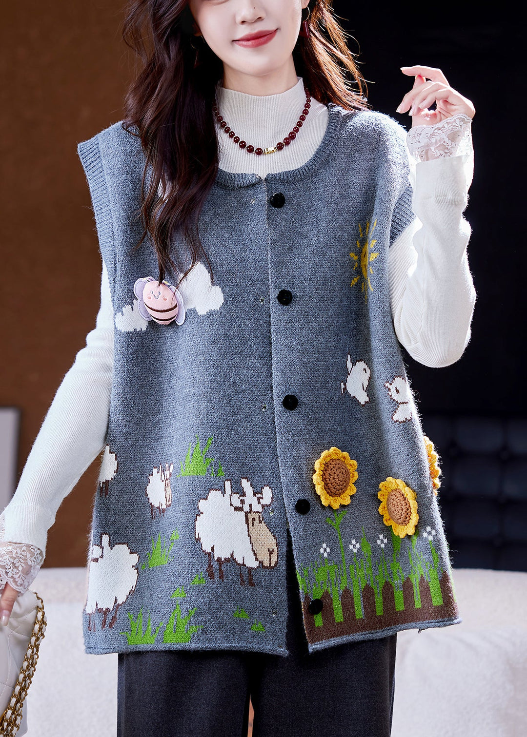 Loose Blue Button Jacquard Sunflower Knit Vest Sleeveless