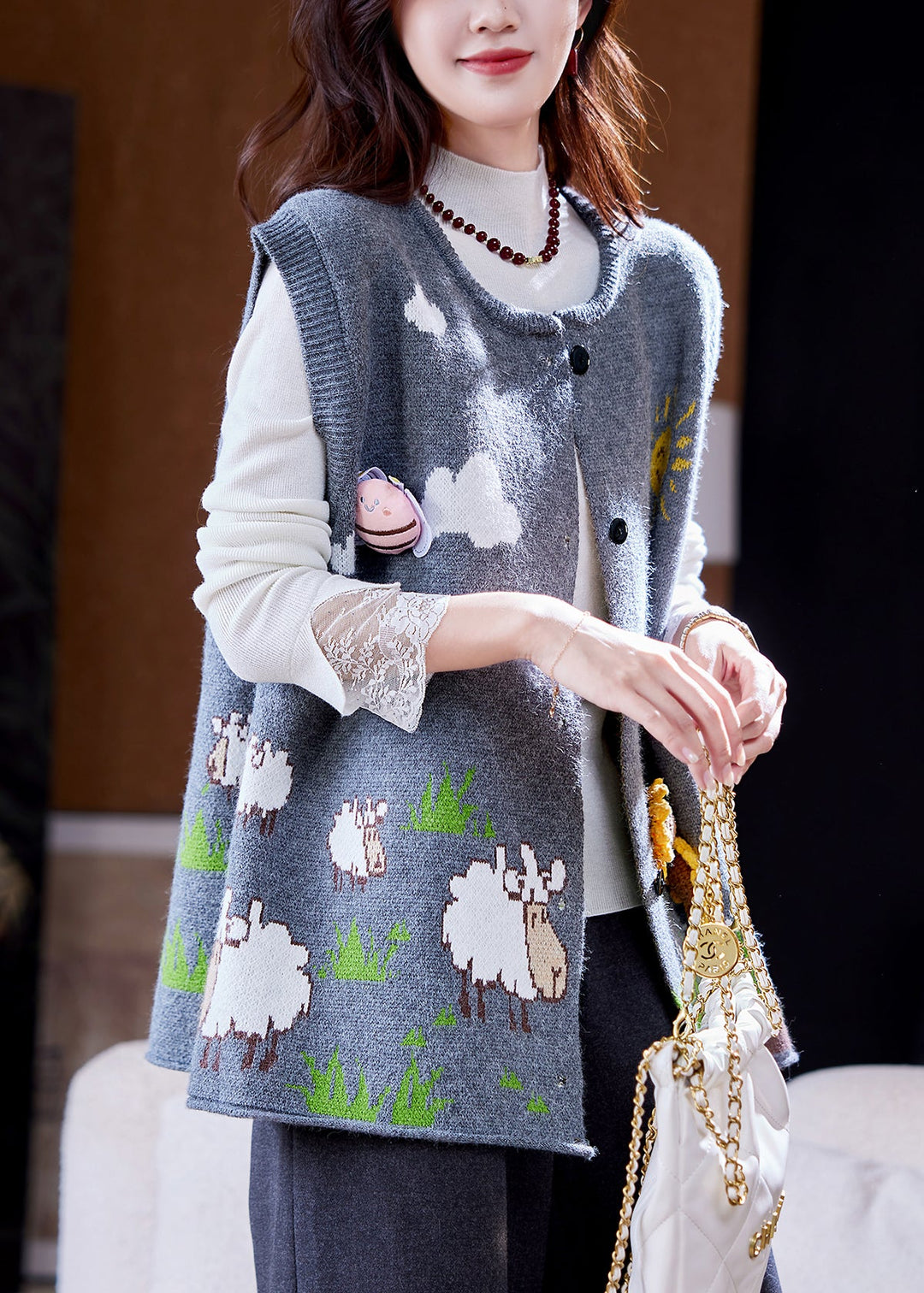 Loose Blue Button Jacquard Sunflower Knit Vest Sleeveless