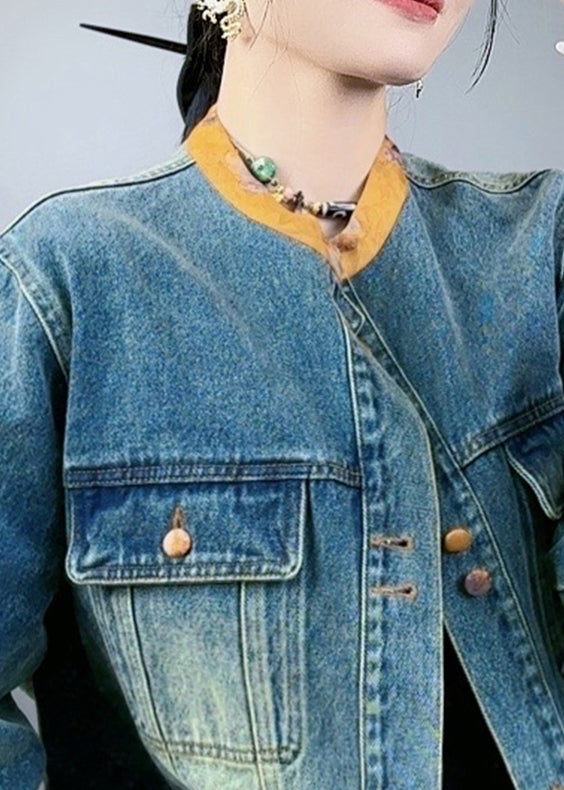 Loose Blue Button Pockets Patchwork Denim Coats Spring