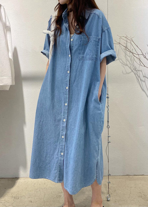 Loose Blue Button Pockets Side Open Denim Shirts Dress Summer