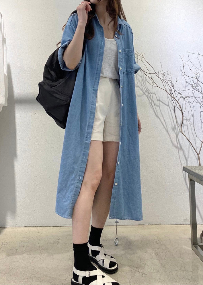 Loose Blue Button Pockets Side Open Denim Shirts Dress Summer