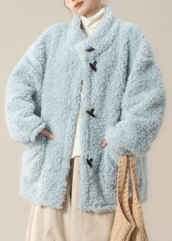 Loose Blue Button Pockets Teddy Faux Fur Coats Winter