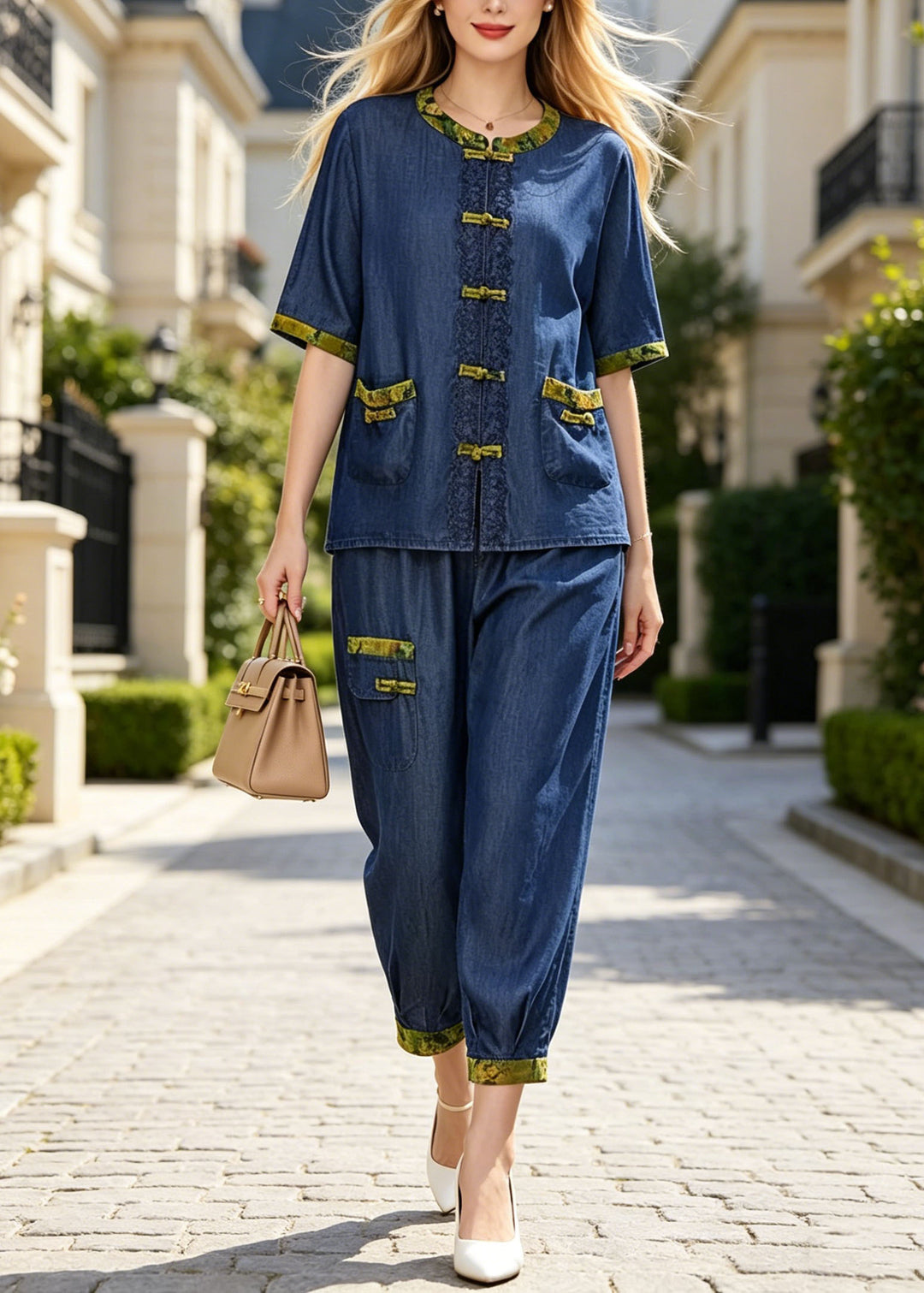 Loose Blue Chinese Button Pockets Cotton Two Pieces Set Summer