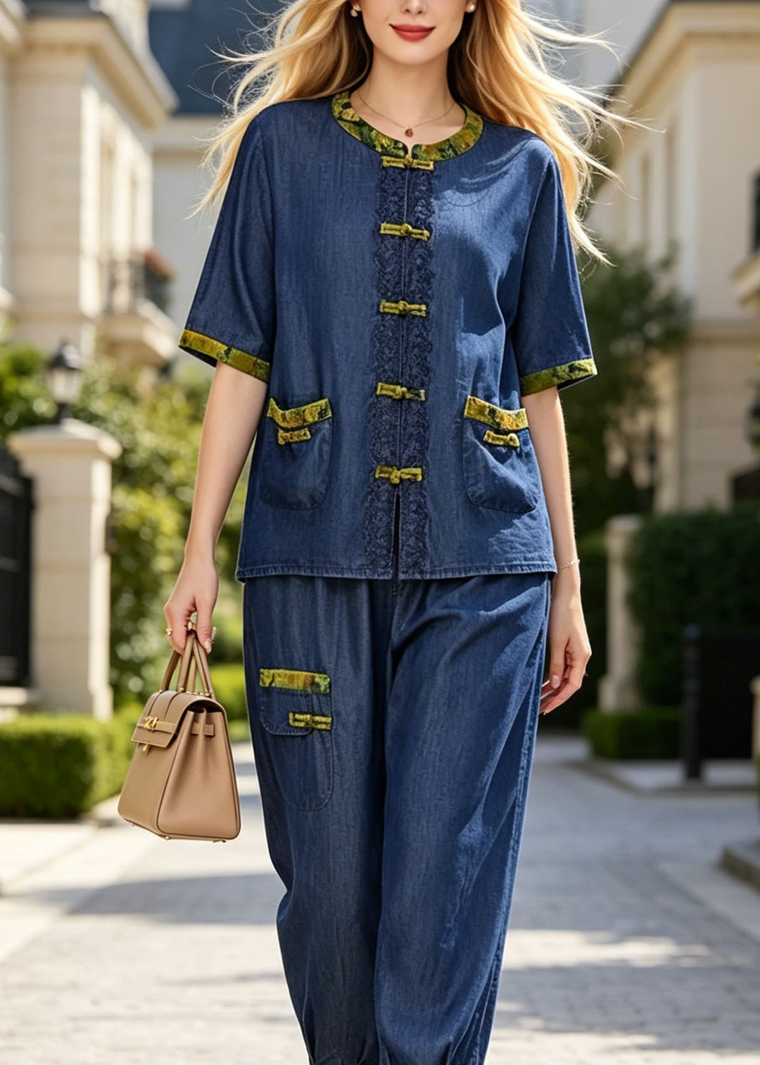 Loose Blue Chinese Button Pockets Cotton Two Pieces Set Summer
