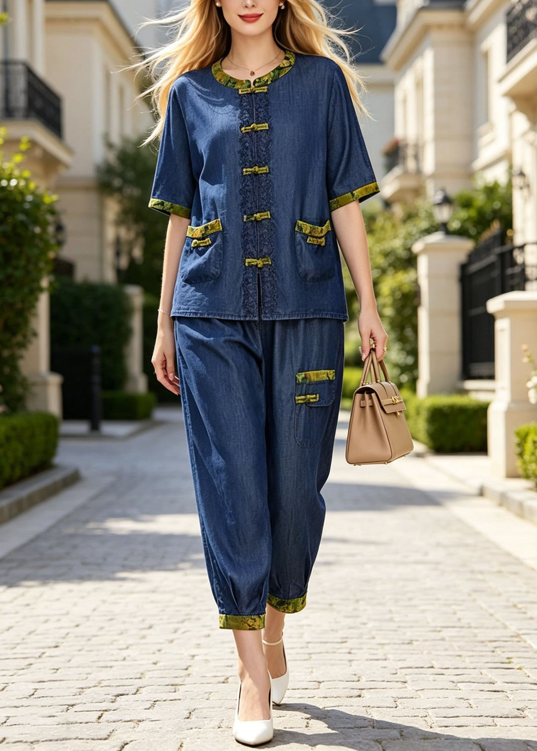 Loose Blue Chinese Button Pockets Cotton Two Pieces Set Summer