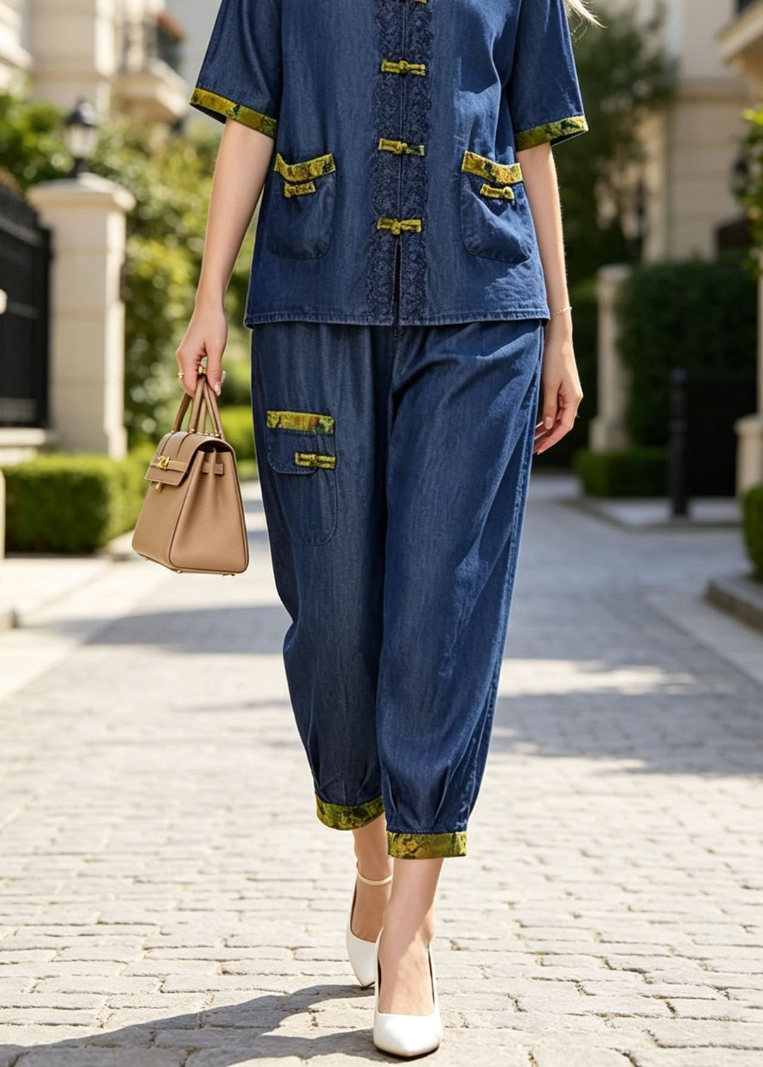 Loose Blue Chinese Button Pockets Cotton Two Pieces Set Summer