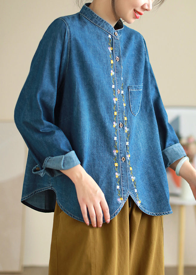 Loose Blue Embroidered Button Denim Shirts Long Sleeve